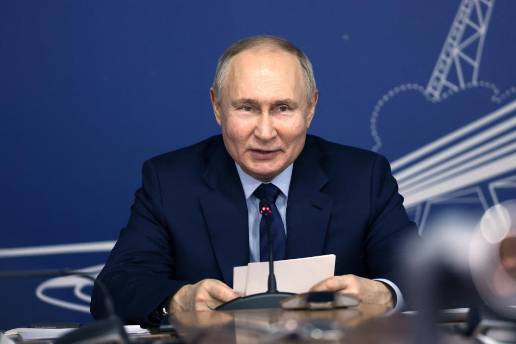 Vladimir Putin chairs a meeting on a high speed railway service in Verkhnyaya Pyshma, Russia on February 15, 2024.
