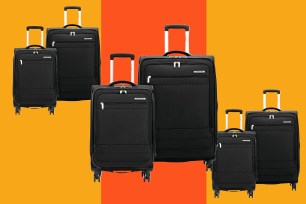 A group of luggage on wheels.