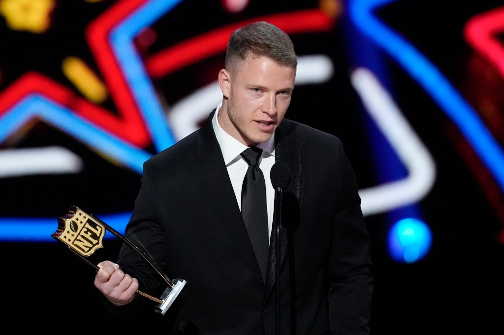 San Francisco 49ers' Christian McCaffrey, AP offensive player of the year speaks during the NFL Honors award show ahead of the Super Bowl 58 football game Thursday, Feb. 8, 2024, in Las Vegas.  