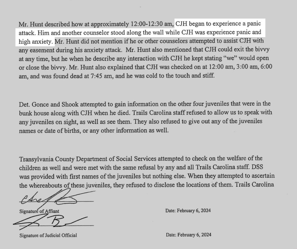 Letter containing details of search warrants executed by the Transylvania County Sheriff's Office regarding the death of a 12-year-old boy at Trails Carolina in Brevard, North Carolina.