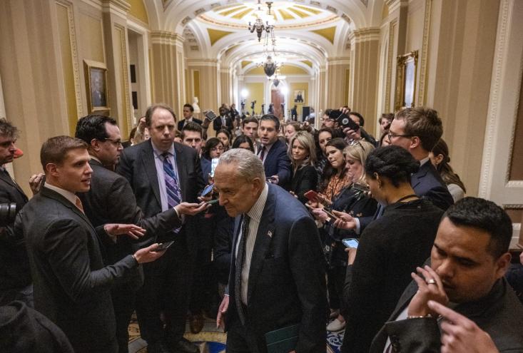 Senate Majority Leader Chuck Schumer, Democrat of New York, speaks to reporters at the US Capitol after his meeting with US President Joe Biden and Congressional leadership at the White House in Washington, DC, on February 27, 2024.