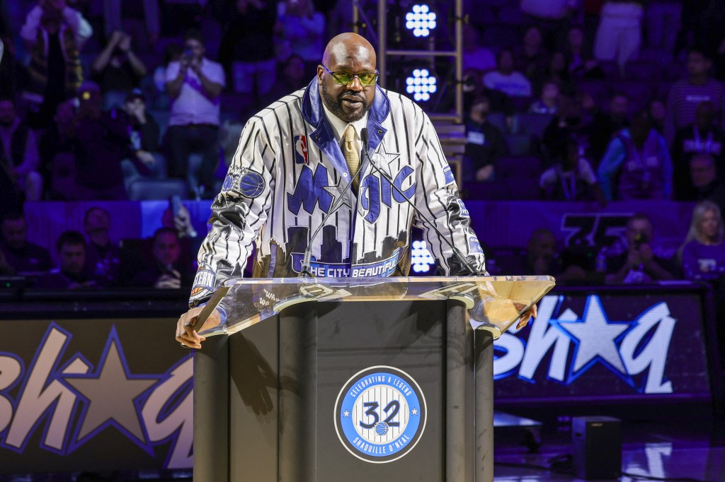 Shaquille O'Neal speaks at his retired jersey ceremony with the Magic at Amway Center.