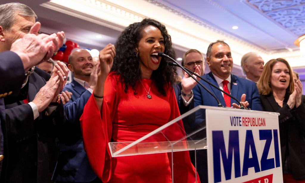 Republican congressional candidate Mazi Pilip speaks to supporters after conceding to her opponent, Democratic candidate Tom Souzzi, in a special congressional election in East Meadow, New York, on Feb. 13, 2024.