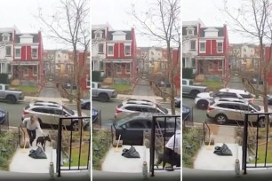 Wild video shows a woman and her dog narrowly dodging a suspect who plowed down a Northeast D.C. sidewalk in an allegedly stolen car while trying to escape from police.