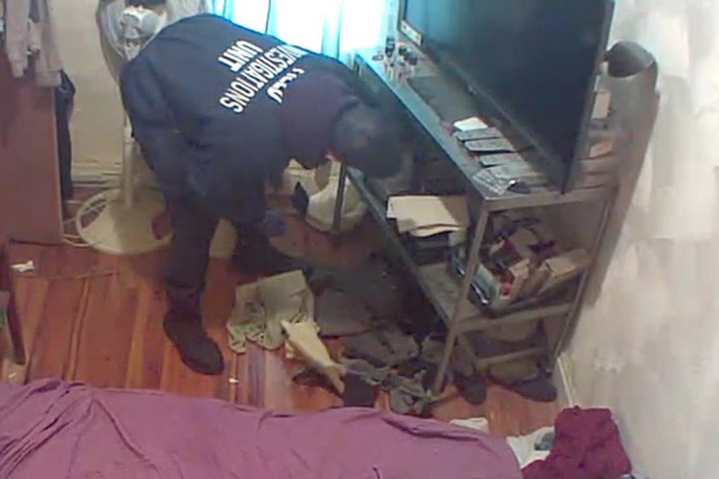 Screen grabs from surveillance video of Felix R. Conde going through William Figuroa's apartment 10 days after his death.