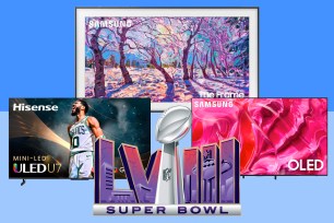 Sale TVs and Super Bowl LVIII logo on a blue background.