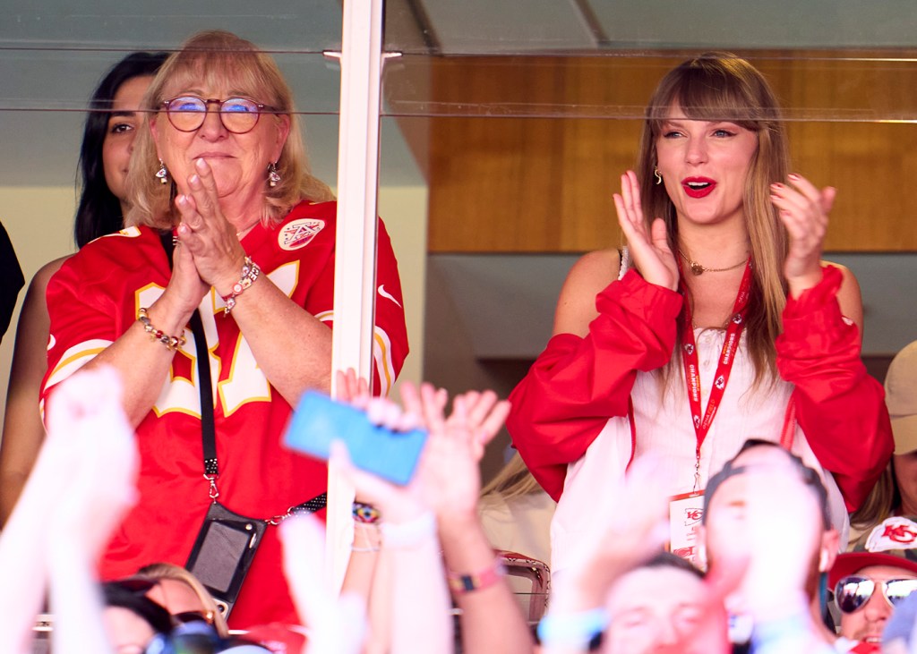 Donna Kelce and Taylor Swift cheer from a suite as the Kansas City Chiefs play the Chicago Bears at GEHA Field at Arrowhead Stadium on September 24, 2023 in Kansas City, Missouri.  
