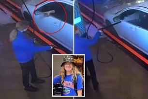 Anna Harycki, 18 (inset), a student from Indiana working at a car wash, has gone viral after appearing in a video that shows her spraying a customer with a pressure washer (right) as payback for having a lemonade hurled at her (left)