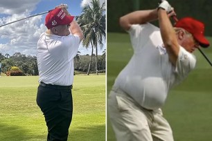 Donald Trump golfing and fake image of the former president golfing.