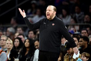 Head coach Tom Thibodeau of the New York Knicks reacts during the first half against the Indiana Pacers.