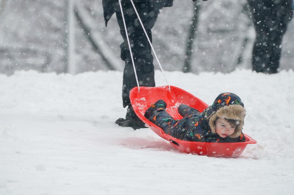 a child on a sled in the snow