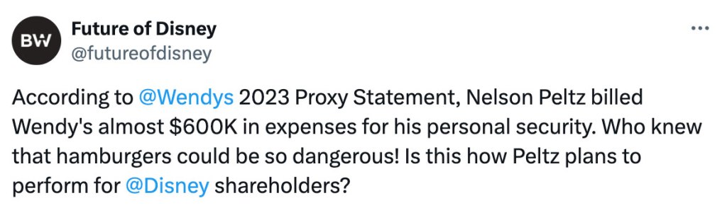 Blackwells Capital, which goes by the name "Future of Disney," cited Peltz's Wendy's expenses in a post on X, suggesting that he could do the same to Disney. Peltz has been trying to nab two board seats for more than a year.