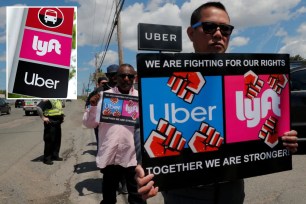 Uber and Lyft logos and protesters