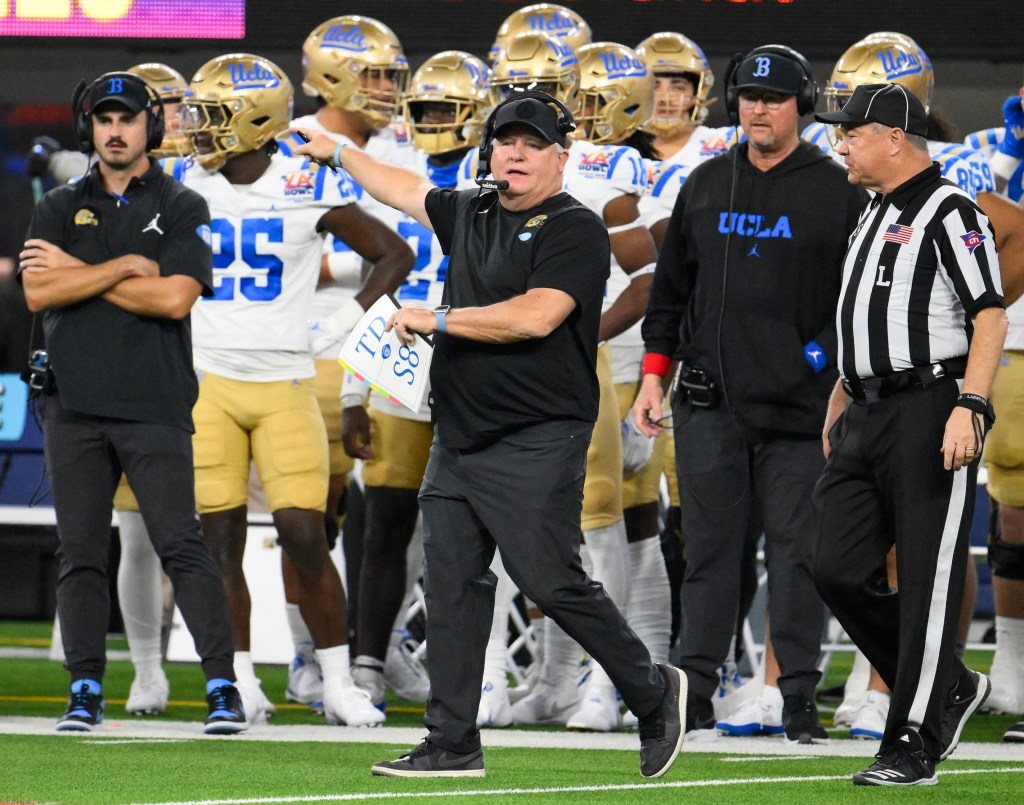 UCLA head coach Chip Kelly reacts on the sidelines during a football game against Boise State in SoFi Stadium.
