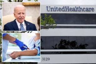 UnitedHealth logo, President Biden and nurse and patient