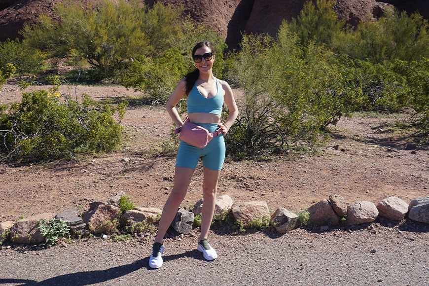 A blue belt bag for women.