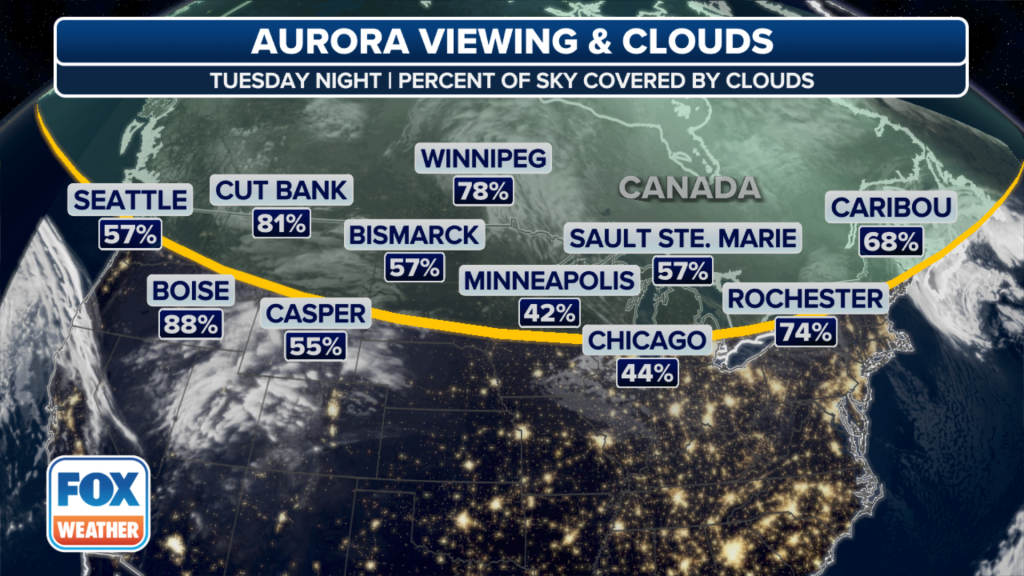 fox weather map of aurora viewing and clouds