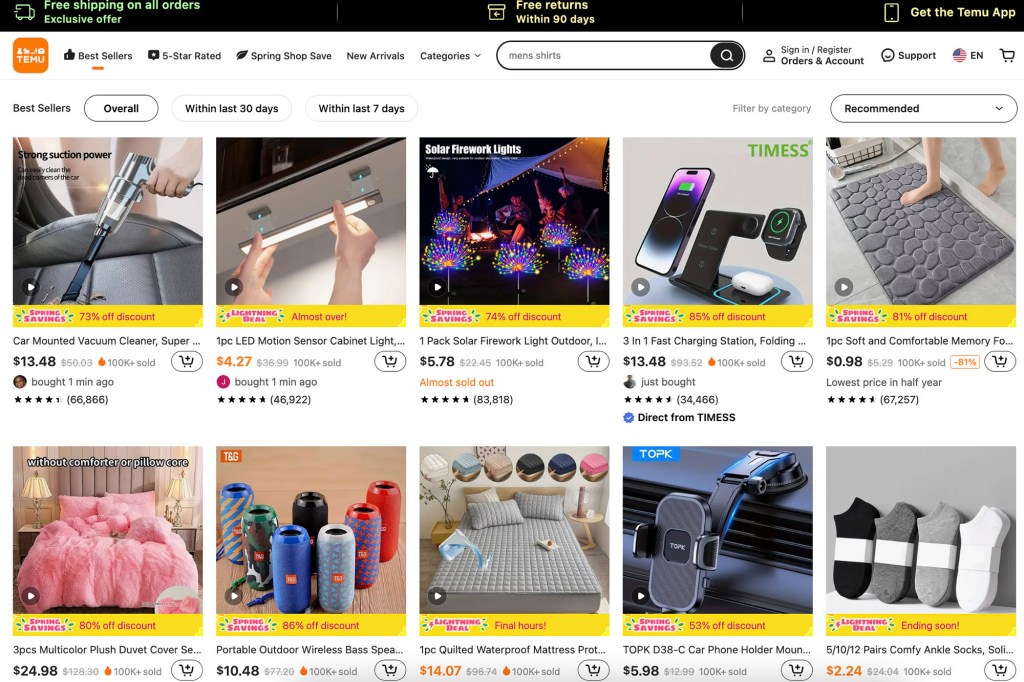 On Friday afternoon, Temu's "bestsellers" page boasted a wireless speaker for $10.48, a $13.48 vacuum cleaner and a shower mat for an unbelievable 98 cents.