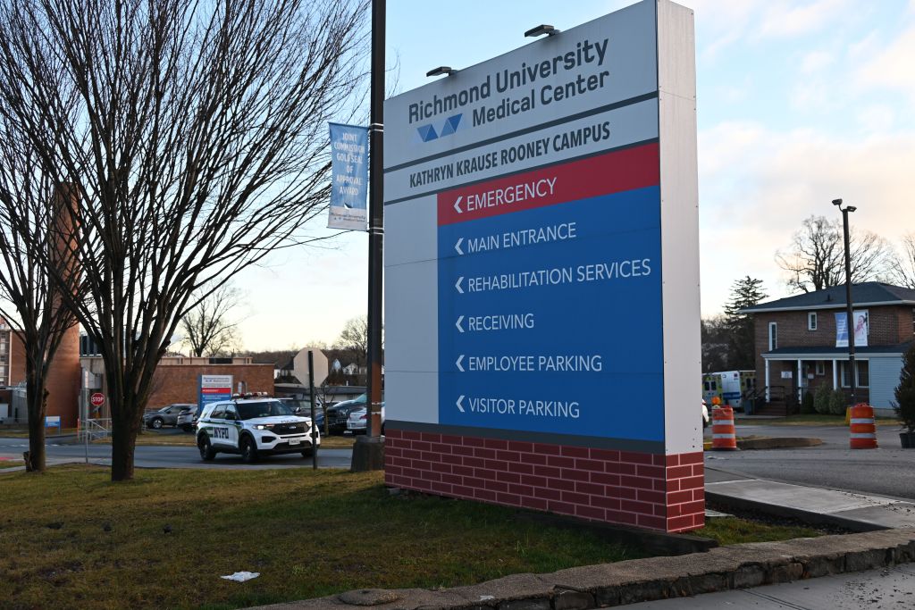 A police vehicle is standing watch outside Richmond University Medical Center Sunday morning.