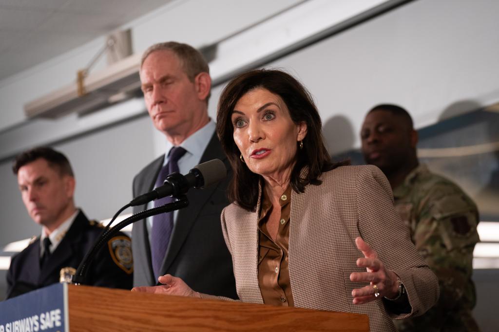 New York Governor Kathy Hochul speaks during a press conference to announce new subway safety measures at NYCTA Rail Control Center on March 6, 2024 in New York City