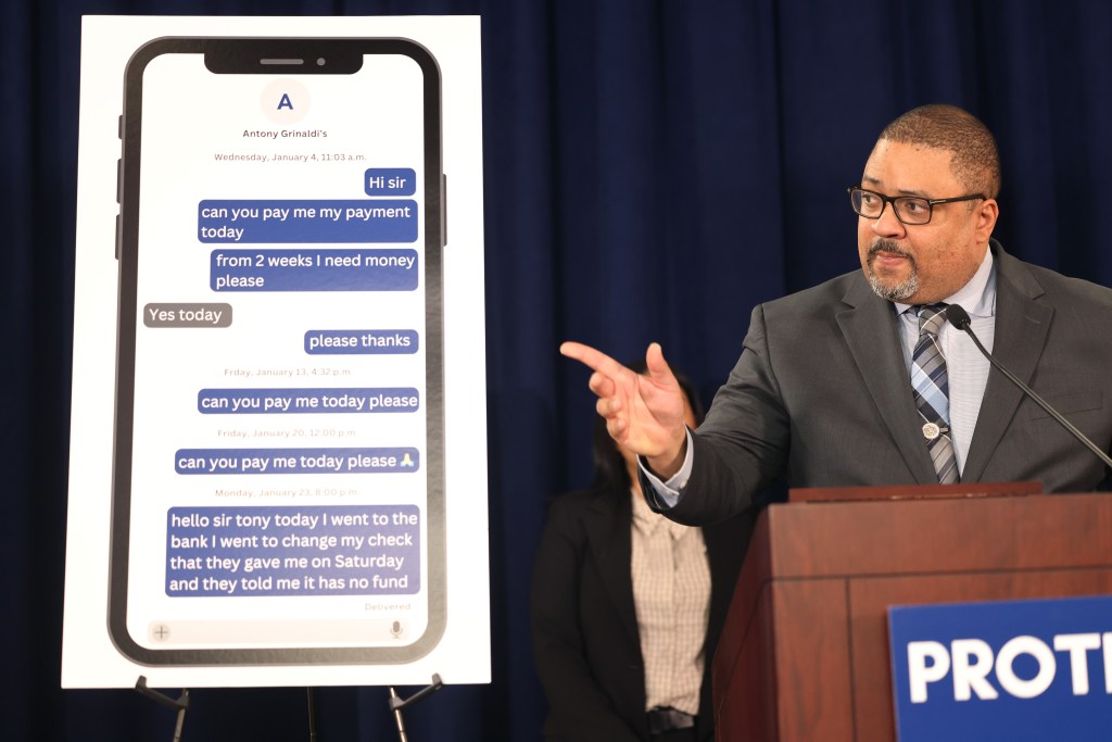 Manhattan DA Alvin Bragg showing text messages between Grimaldi's employees and their bosses.