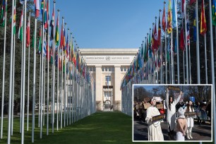 Exterior view of United Nations Office in Geneva, Switzerland, where UN High Commissioner for Human Rights addresses Gaza crisis in interactive dialogue meeting.