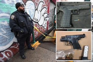 Police officer standing outside of taped-off subway entrance, empty gun and bullet seized by police; bullets and gun seized by police