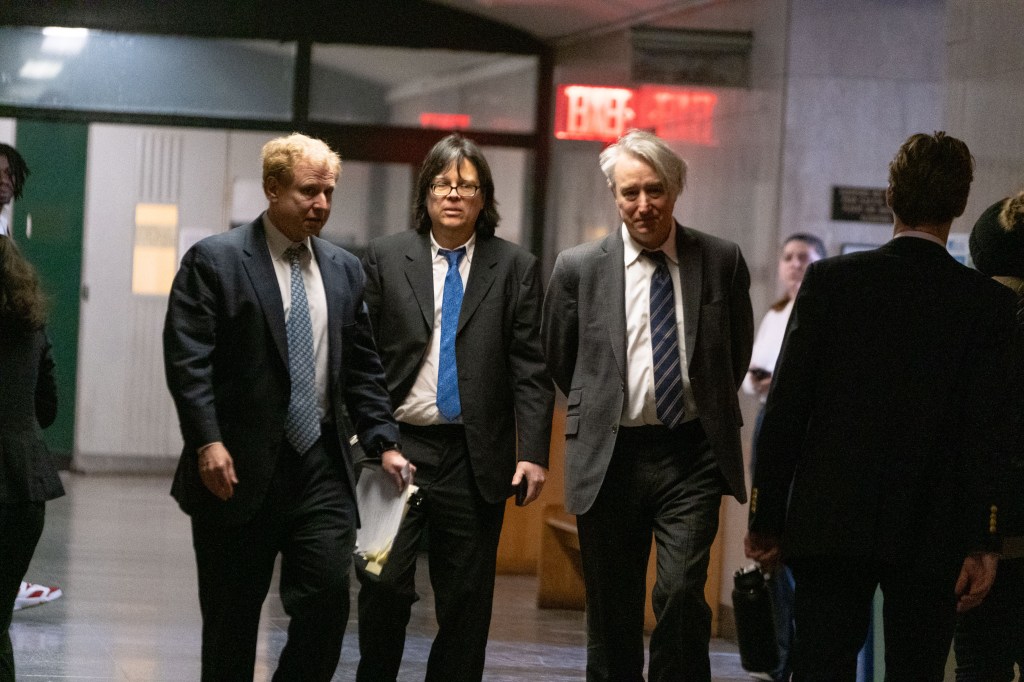 Craig Inciardi, Edward Kosinski, and Glenn Horowitz outside the courtroom in Manhattan Supreme Court. The three allegedly attempted to sell stolen "Hotel California" lyrics back to Eagles frontman Don Henley.