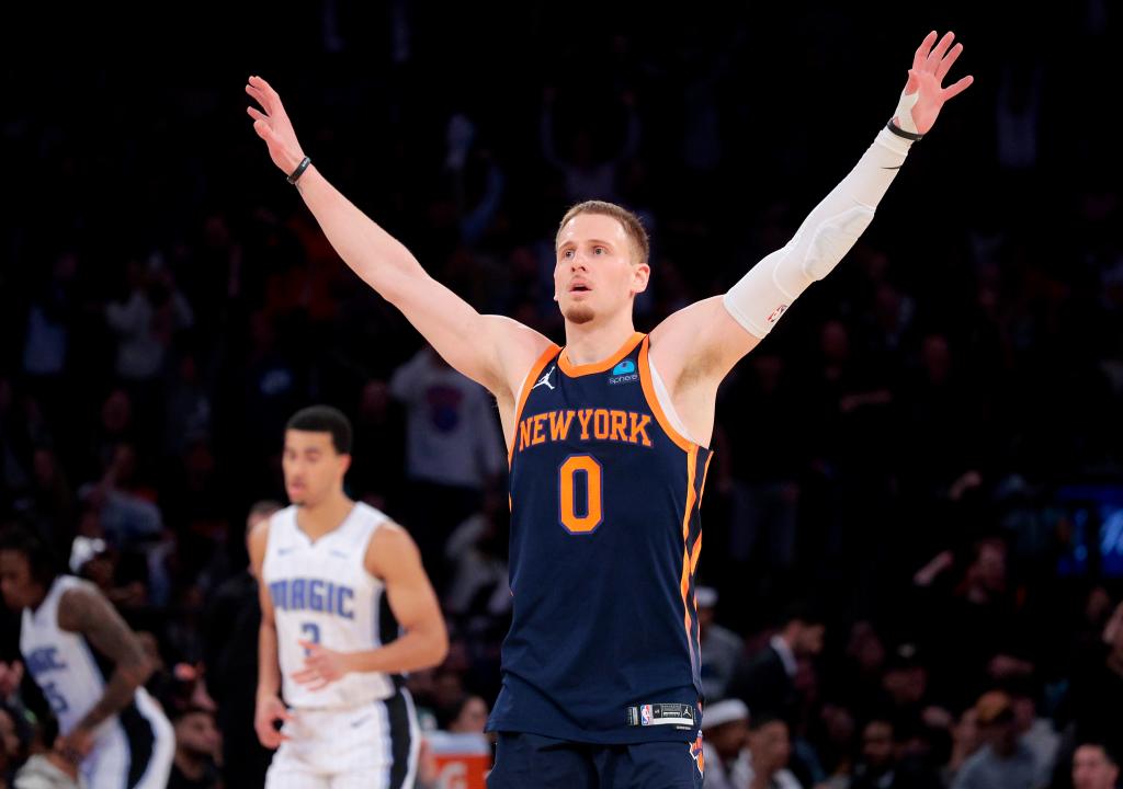 Donte DiVincenzo #0 of the New York Knicks reacts on the court during the fourth quarter.