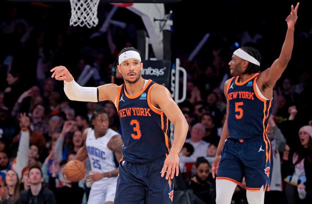 Josh Hart #3 of the New York Knicks reacts after he hits a three point shot during the fourth quarter. The New York Knicks defeat the Orlando Magic 98-74.