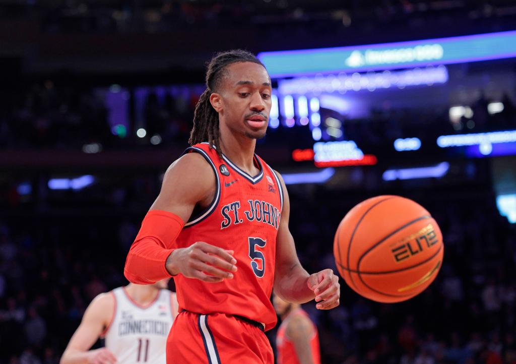 St. John's Red Storm guard Daniss Jenkins #5 on the court during the first half