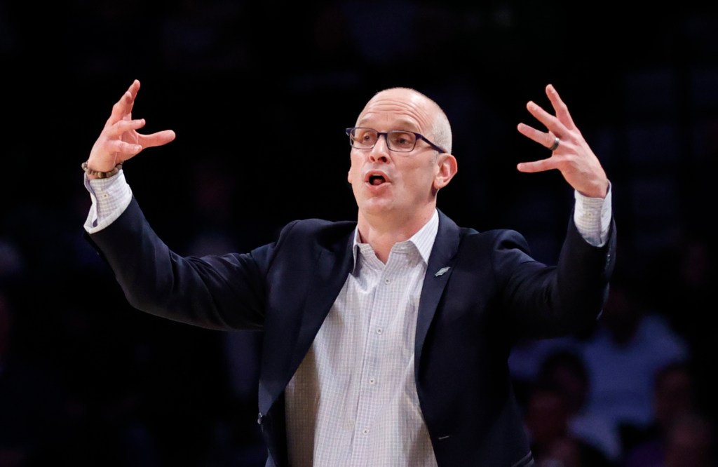 Connecticut Huskies head coach Dan Hurley calls out a play to his team during their game against the Stetson Hatters in the first half during the NCAA Tournament First Round game at the Barclays Center in Brooklyn, New York, USA, March 22, 2024.