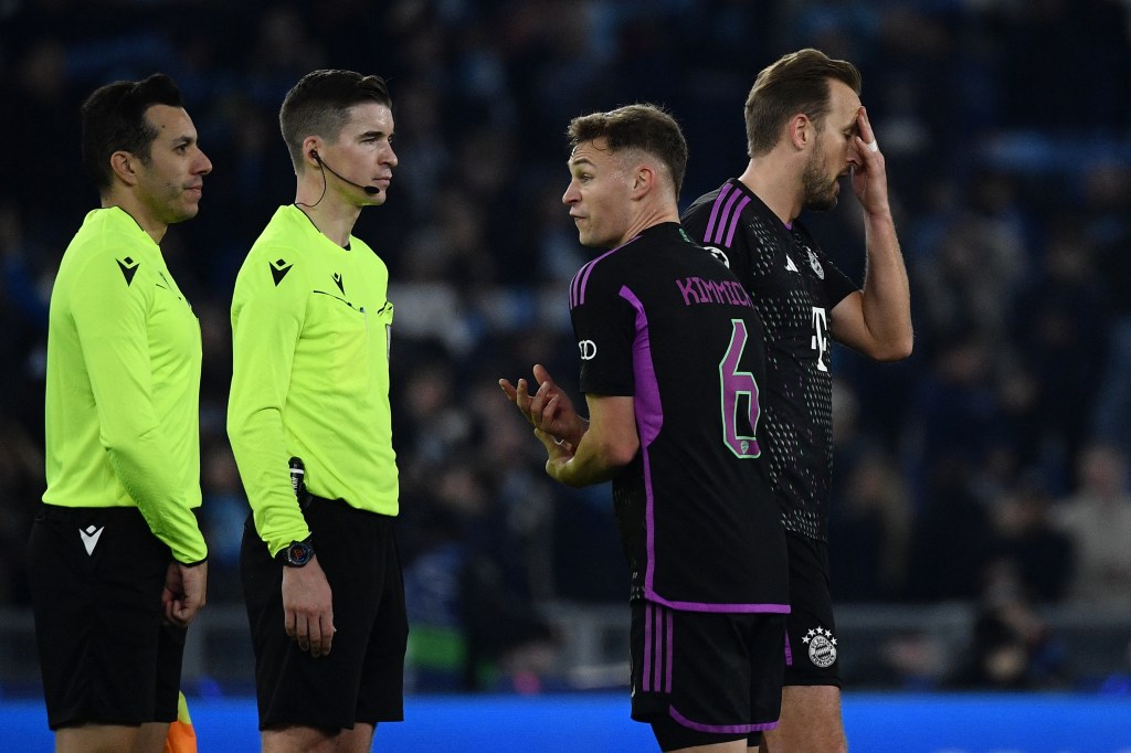 Bayern Munich's Joshua Kimmich argues with a referee during the UEFA Champions League last 16 first leg between Lazio and Bayern Munich on Feb. 14, 2024. Lazio won, 1-0.