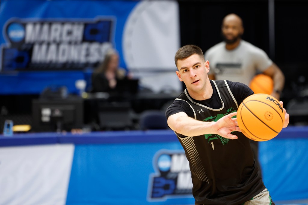 Wagner Seahawks guard Javier Ezquerra passes the ball during NCAA Tournament First Four Practice at UD Arena. 