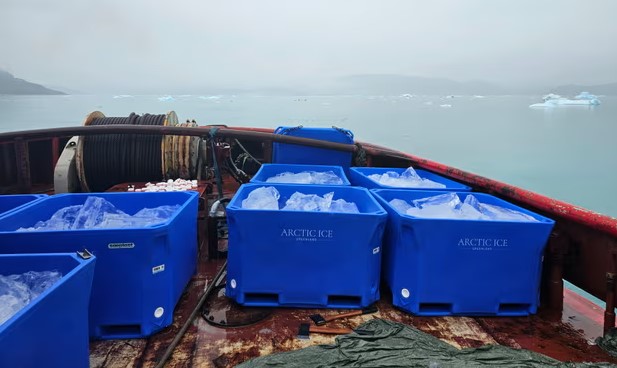 Containers of ice seen aboard a ship