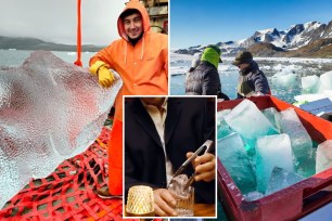 Arctic Ice, a Greenland-based startup, is facing a backlash for shipping ice (left and right) harvested from glaciers over 100,000 years old to be used in drinks at fancy Dubai bars (inset)