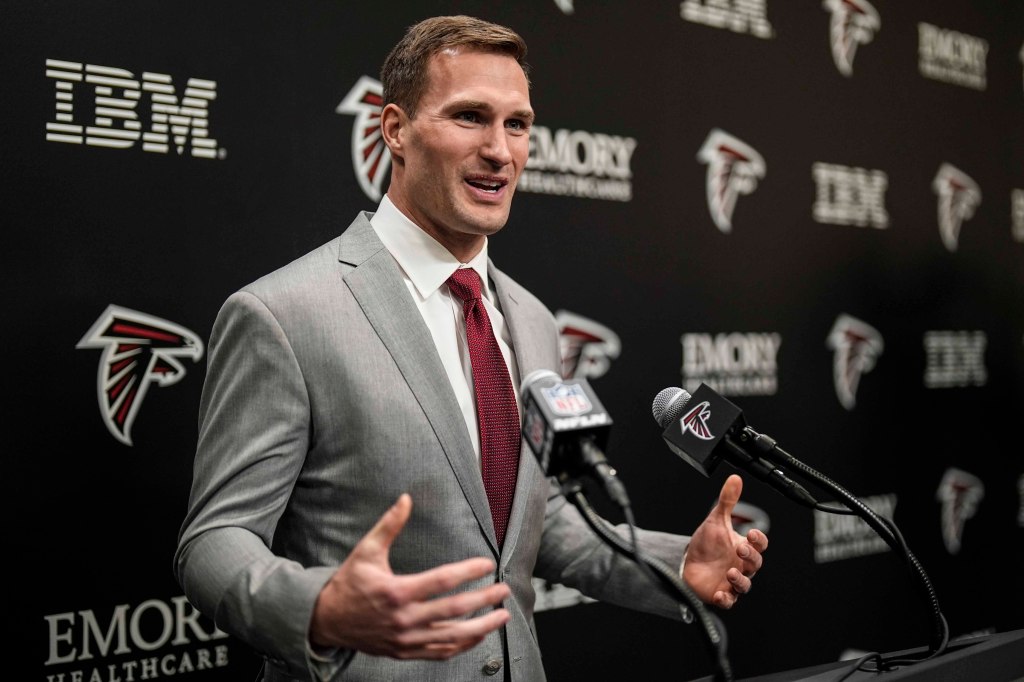 Kirk Cousins speaks at his introductory Falcons press conference on March 13, 2024.