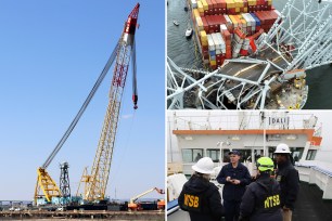 The Chesapeake 1000 crane seen in harbor at left; top right, Dali bridge seen under wreckage of Key Bridge; bottom right, investigators seen meeting aboard Dali