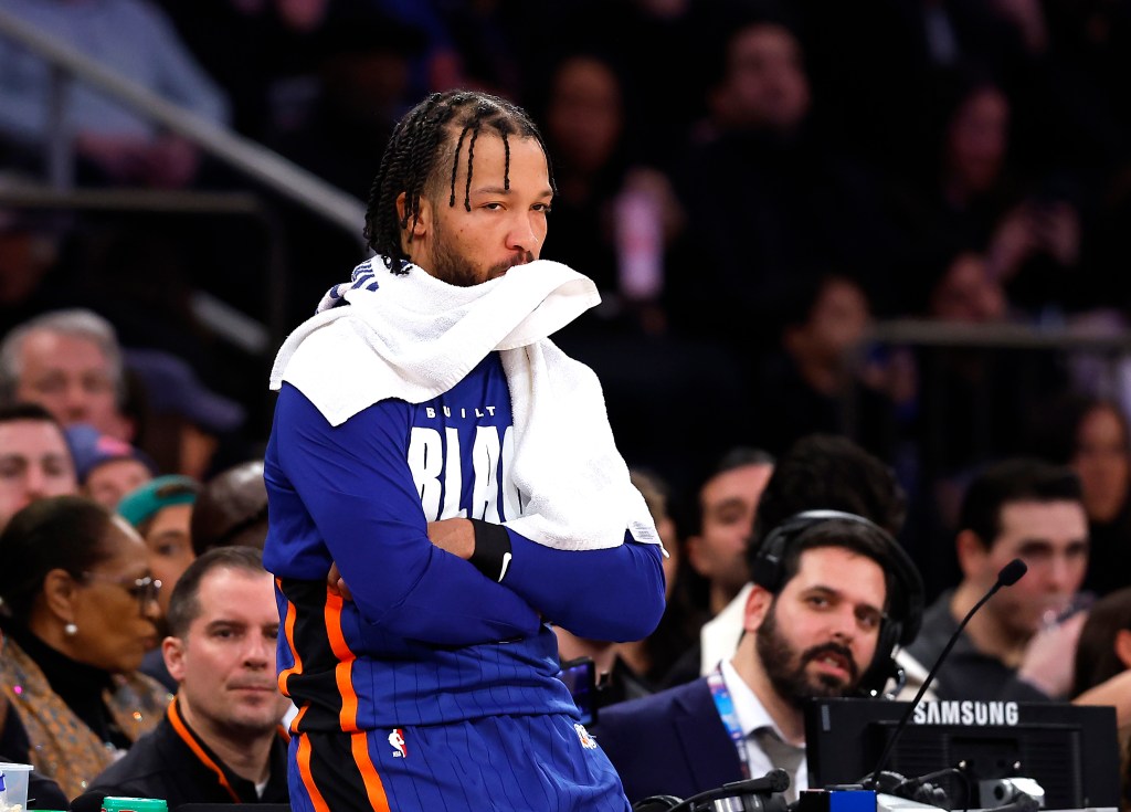 Jalen Brunson #11 of the New York Knicks reacts on the sideline