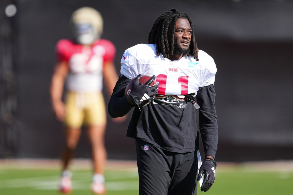 49ers wide receiver Brandon Aiyuk during practice ahead of Super Bowl 2024.