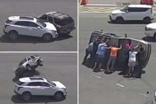 A viral video released by police in Daytona Beach, Florida, showed eight bystanders join forces to flip an overturned SUV right-side up following a caught-on-camera collision