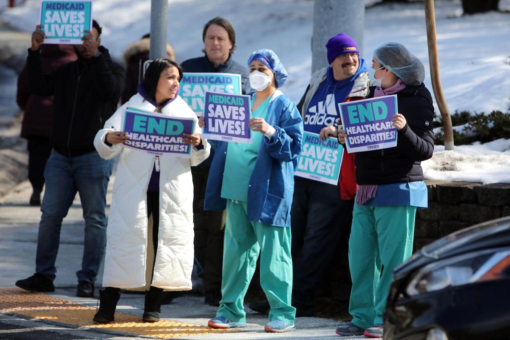 A United Healthcare Workers East Local 1199 SEIU rally outside of Good Samaritan Hospital in Suffern, New York on Feb. 22, 2024.