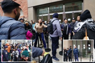 NYPD mobilizing for crowd control at a Versace sample sale with a large group of people waiting outside the building, including celebrities Yu Fengtong and Xu Yinchuan