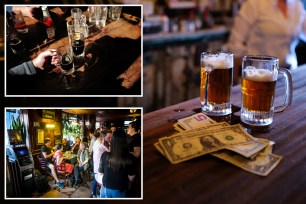 Beers and cash on a bar, people celebrating St. Patrick's Day at a bar