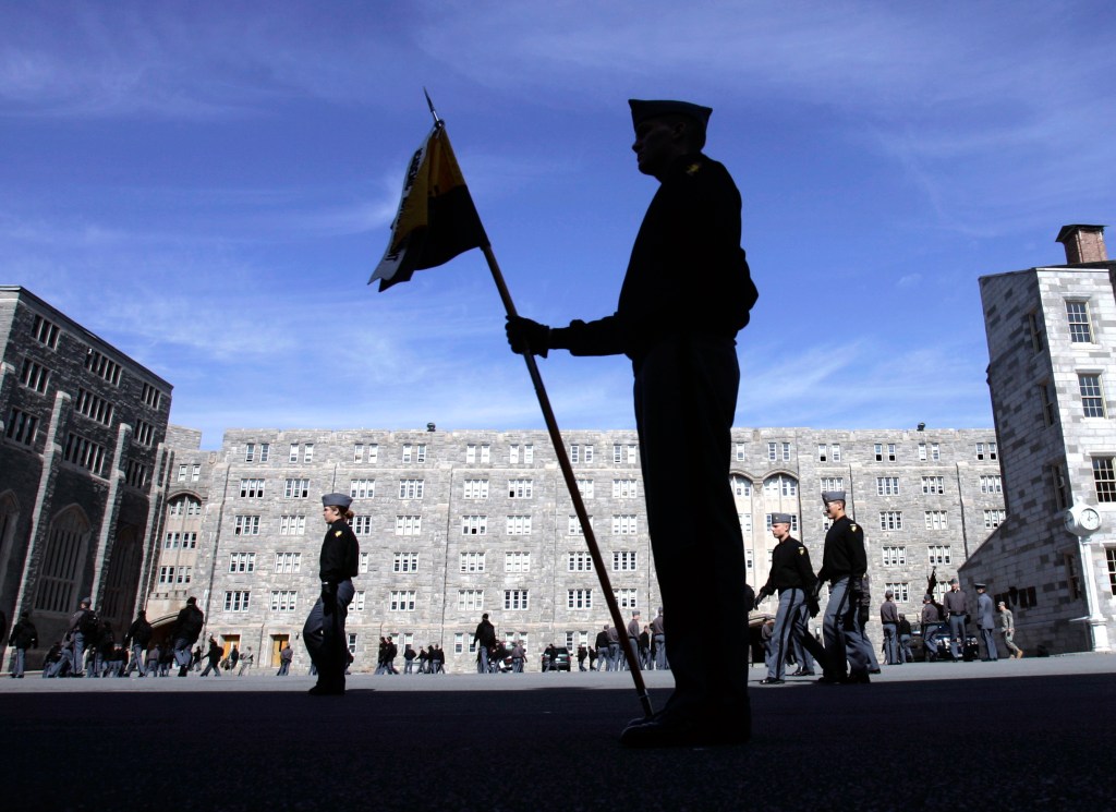 Cadets prepare to line up for lunchtime formation at the United States Military Academy.