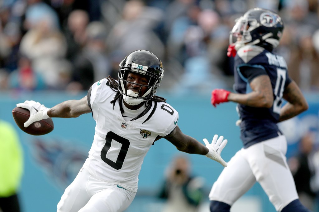 Calvin Ridley of Jacksonville Jaguars celebrates touchdown catch during the first half against Tennessee Titans at Nissan Stadium.