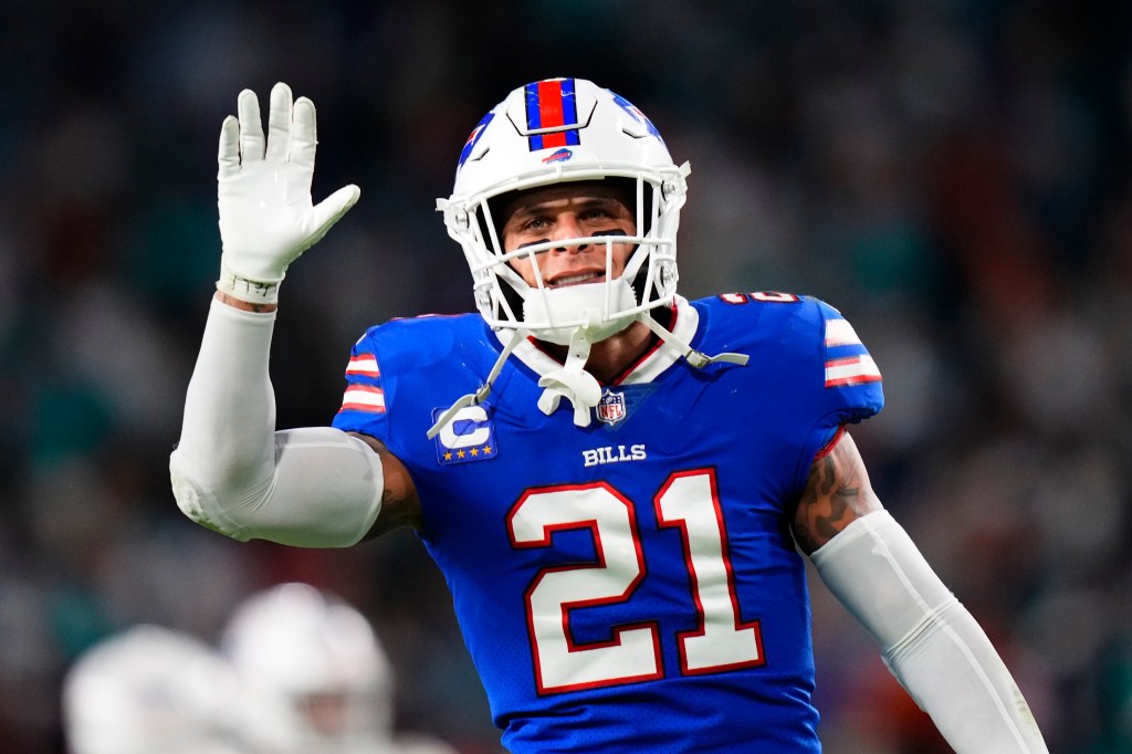 Jordan Poyer #21 of the Buffalo Bills reacts after a 21-14 victory against the Miami Dolphins at Hard Rock Stadium on January 07, 2024 in Miami Gardens, Florida.