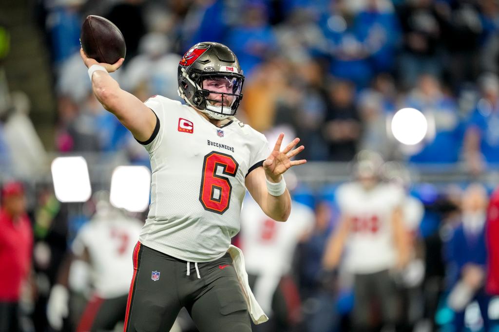 Baker Mayfield #6 of the Tampa Bay Buccaneers passes the ball against the Detroit Lions at Ford Field on January 21, 2024 in Detroit, Michigan. 