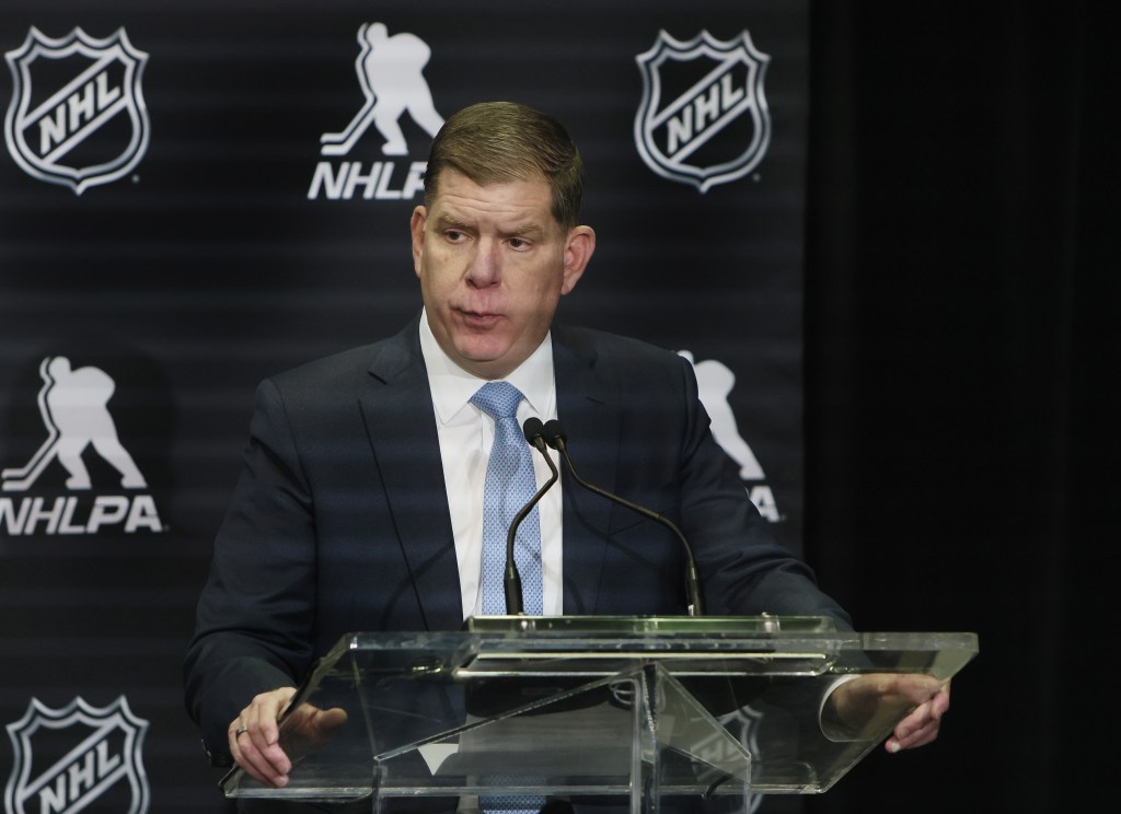  NHLPA executive director Marty Walsh speaks with the media on February 02, 2024 at the Scotiabank Arena in Toronto, Ontario, 