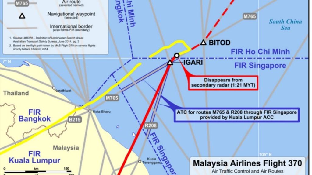 Map of Malaysia Airlines flight 370's sudden turns